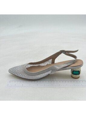Silver Crystal Studded Slingback Chunky Rhinestone Sandals Pointed Toe Shoes